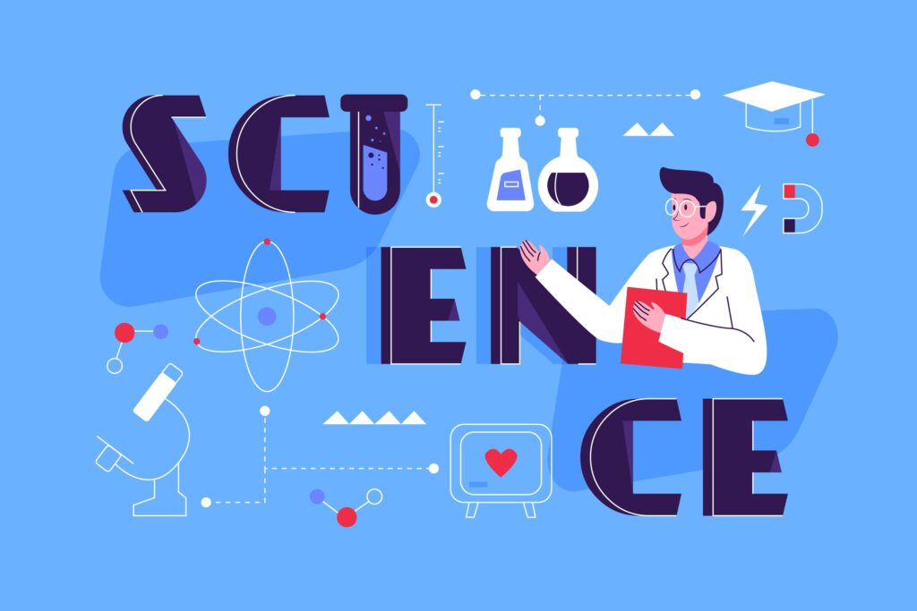Science education illustration showing laboratory equipment, experiments, and learning concepts