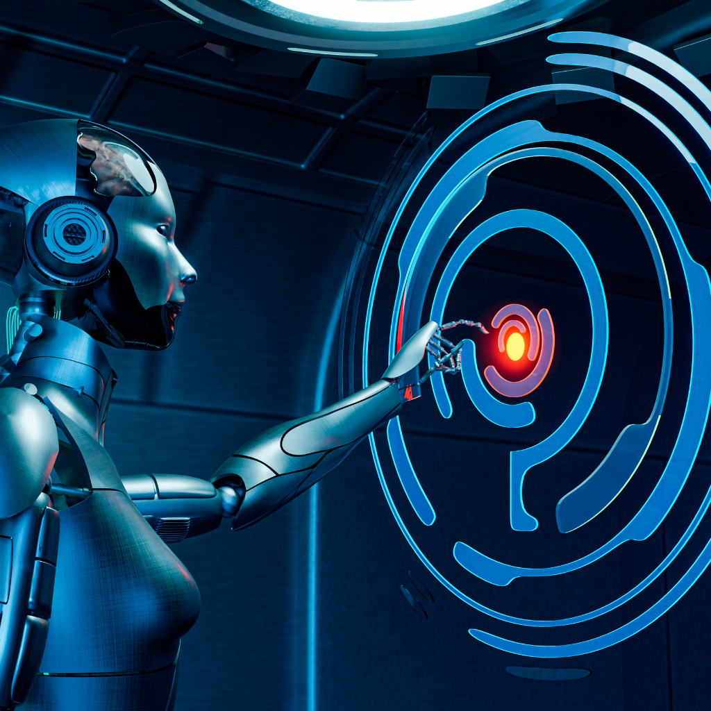 Artificial intelligence robot interacting with digital interface representing AI curriculum and hands-on learning