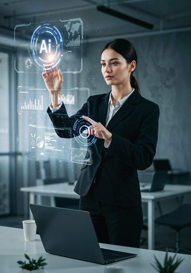 women interacting with a virtual ai dashboard and data analytics interface