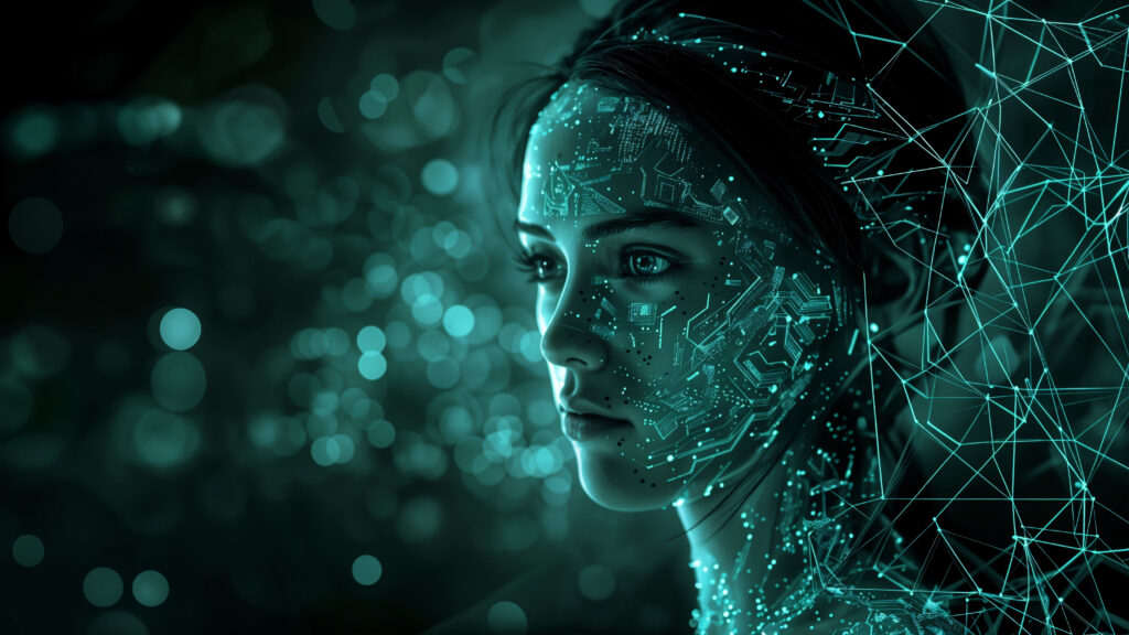 women with network and circuit overlays representing advanced artificial intelligence