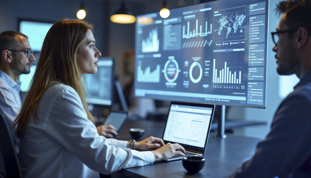 professional analyzing data on multiple screens in a modern office
