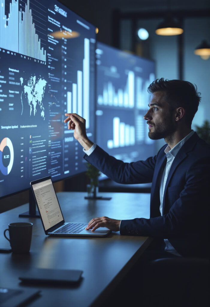 dashboard on large screen , representing data analytics, business intelligence