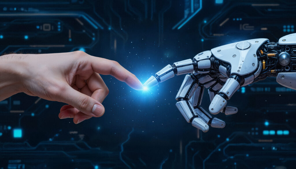 human hand touching a robotic hand with glowing connection