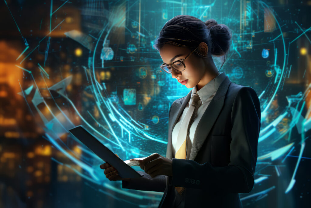 business professional using a tablet with futuristic digital data visuals